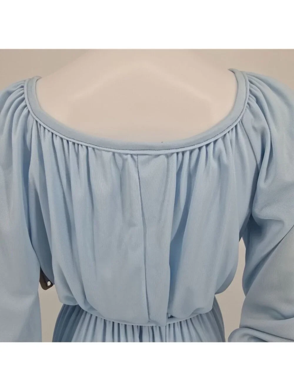 Vintage 1970s Light Blue Elastic Waist Blouson Sleeve Peasant Dress (M)